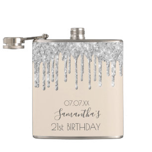 Birthday silver cream glitter drips friends hip flask
