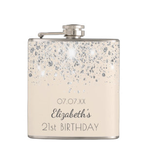 Birthday silver cream glitter friends hip flask