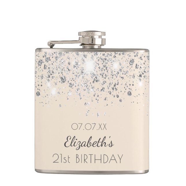Birthday silver cream glitter friends hip flask (Front)