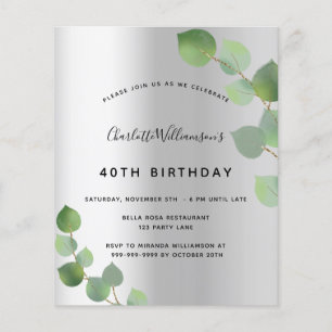 Birthday silver eucalyptus budget invitation flyer