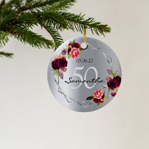 Birthday silver florals geometric monogram ceramic ornament