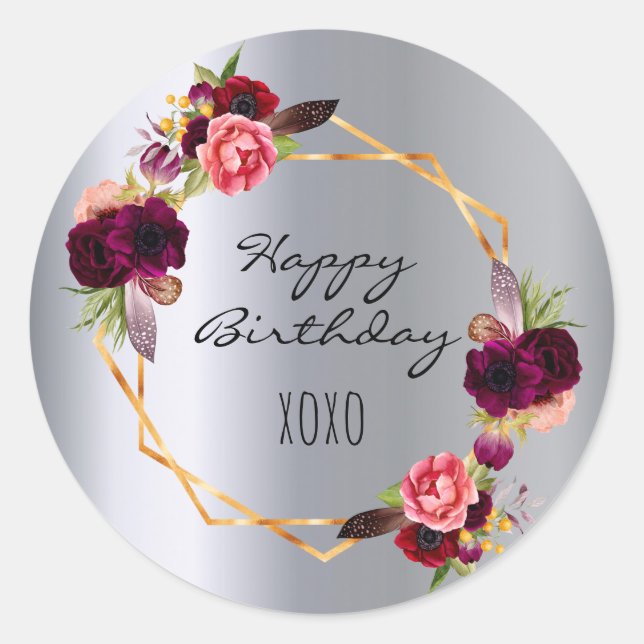 Birthday silver florals gold burgundy classic round sticker (Front)