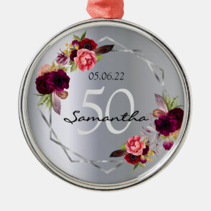 Birthday silver flowers geometric burgundy metal ornament