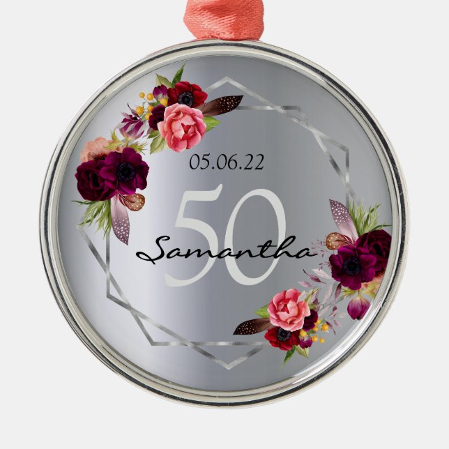 Birthday silver flowers geometric burgundy metal ornament (Front)
