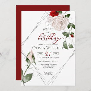 Birthday   Silver Frame Pale Blush Watercolor Rose Invitation