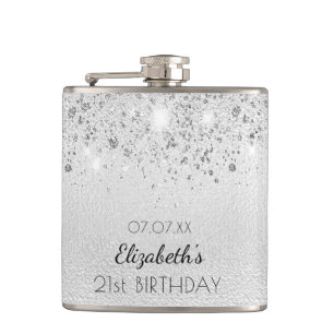 Birthday silver glitter best friends names hip flask