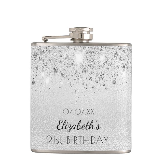 Birthday silver glitter best friends names hip flask (Front)