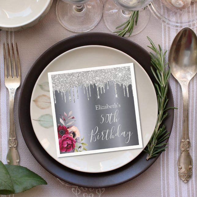 Birthday silver glitter drip floral burgundy name napkin (Creator Uploaded)