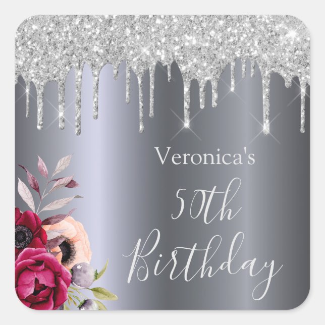 Birthday silver glitter drip floral burgundy name square sticker (Front)