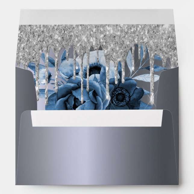 Birthday silver glitter drips blue florals winter envelope (Back (Bottom))