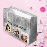 Birthday silver glitter drips custom photo large gift bag<br><div class="desc">For a girly and glamourous 21st (or any age) birthday.  A faux silver metallic looking background with faux glitter drips,  paint dripping look. Personalise and add 3 photos and age 21. Black text.</div>