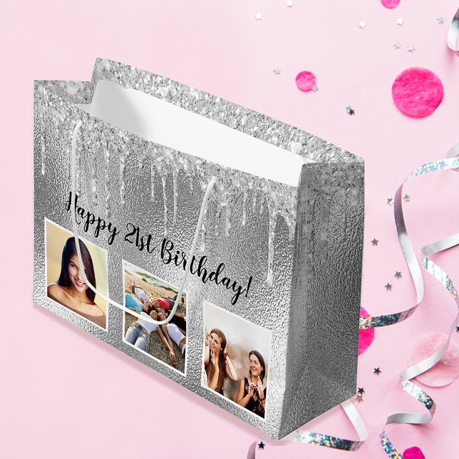 Birthday silver glitter drips custom photo large gift bag (Creator Uploaded)