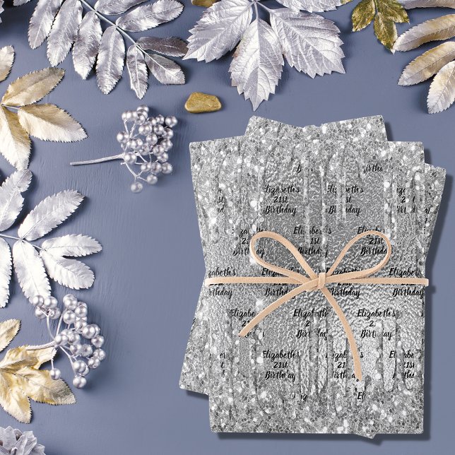 Birthday silver glitter drips metallic monogram wrapping paper sheet (Creator Uploaded)