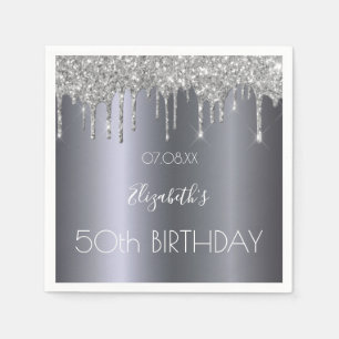Birthday silver glitter drips modern elegant napkin
