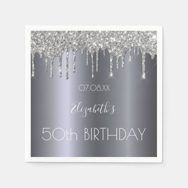 Birthday silver glitter drips modern elegant napkin (Front)