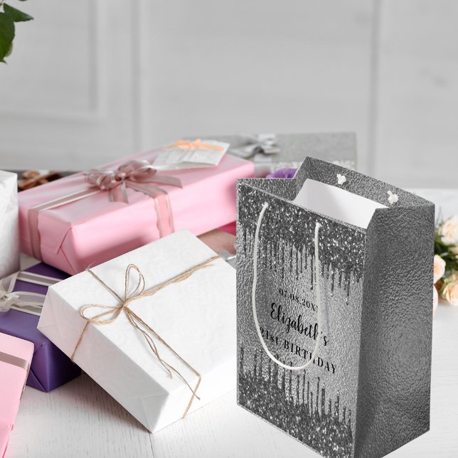 Birthday silver glitter drips monogram  medium gift bag (Creator Uploaded)