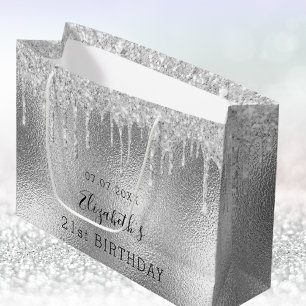 Birthday silver glitter drips name large gift bag
