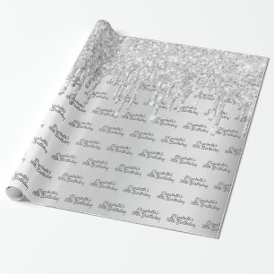 Birthday silver glitter drips name wrapping paper
