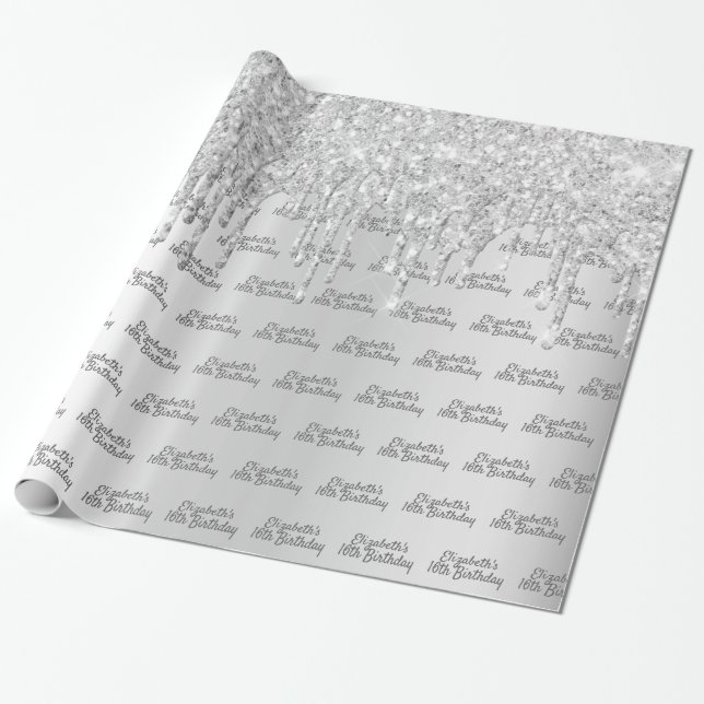 Birthday silver glitter drips name wrapping paper (Unrolled)