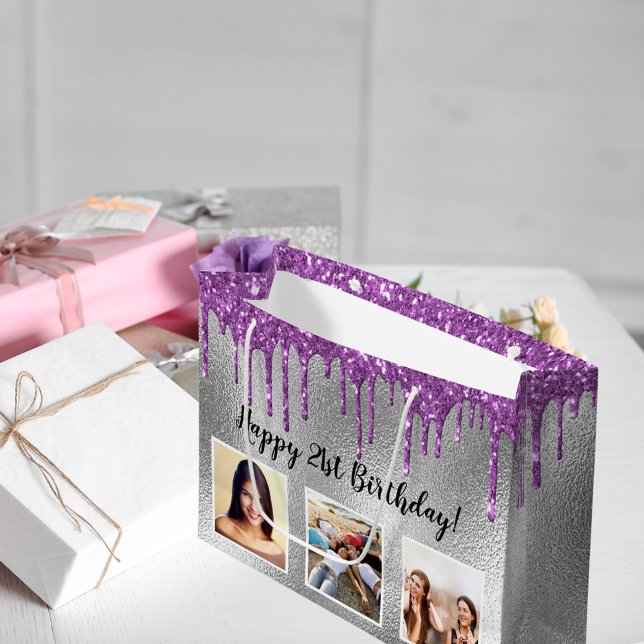 Birthday silver glitter drips purple custom photo large gift bag (Creator Uploaded)