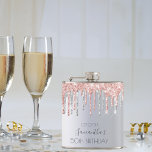 Birthday silver glitter drips rose gold friends hip flask<br><div class="desc">A gift for a girly and glamourous 50th (or any age) birthday party. A faux silver metal, foil looking background with elegant faux silver and rose gold, pink glitter drips, paint drip look. The text: The name is written in grey with a large modern hand lettered style script. Personalise and...</div>