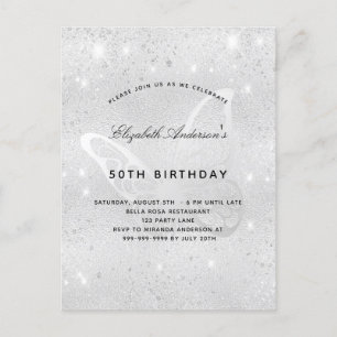 Birthday silver glitter dust butterfly elegant invitation postcard