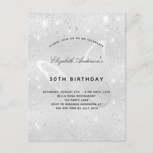Birthday silver glitter dust butterfly elegant invitation postcard (Front)