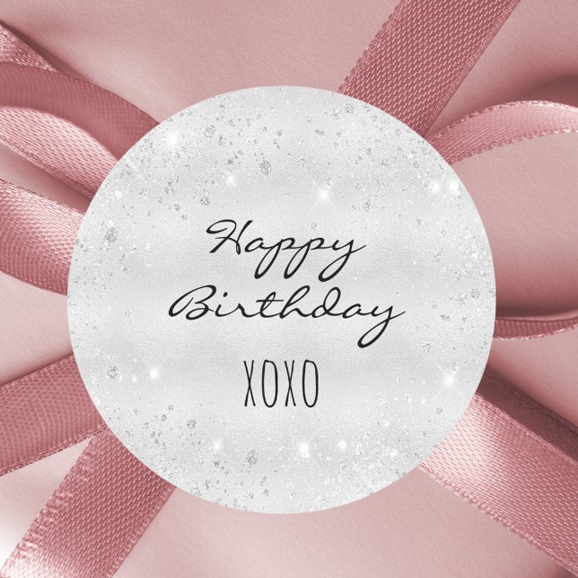 Birthday silver glitter dust hugs kisses classic round sticker (Creator Uploaded)