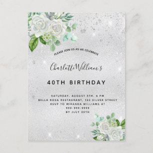 Birthday silver glitter dust metal floral greenery invitation postcard