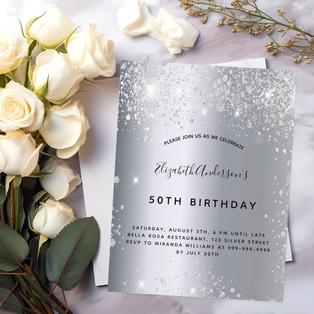 Birthday silver glitter dust metal  invitation postcard (Creator Uploaded)