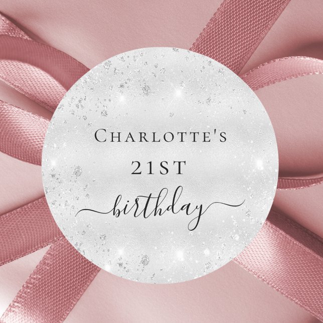Birthday silver glitter dust metal monogram classic round sticker (Creator Uploaded)