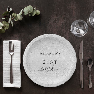 Birthday silver glitter dust monogram bright paper plate