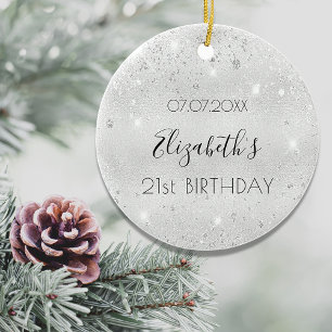 Birthday silver glitter dust name elegant ceramic ornament