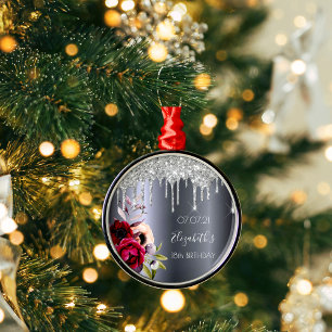 Birthday silver glitter floral burgundy milestone metal ornament