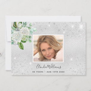 Birthday silver glitter floral photo thank you card