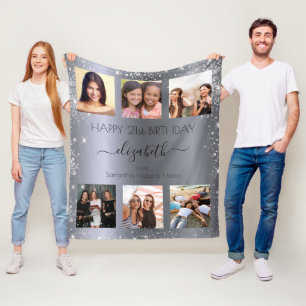 Birthday silver glitter friend photo collage fleece blanket