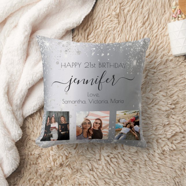 Birthday silver glitter friend photo names cushion (Blanket)