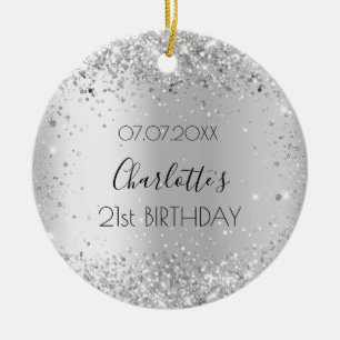 Birthday silver glitter friends names christmas ceramic ornament