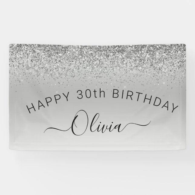Birthday Silver Glitter Girly Modern Banner (Horizontal)
