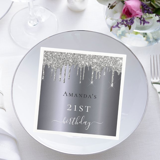 Birthday silver glitter monogram elegant napkin (Creator Uploaded)