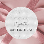 Birthday silver glitter name date classic round sticker<br><div class="desc">For an elegant 21st (or any age) birthday. A faux silver looking background. Decorated with faux glitter dust. Personalise and add a date,  name and age 21.
Can be used for party favours and also as a Save the Date reminder for the guests.</div>
