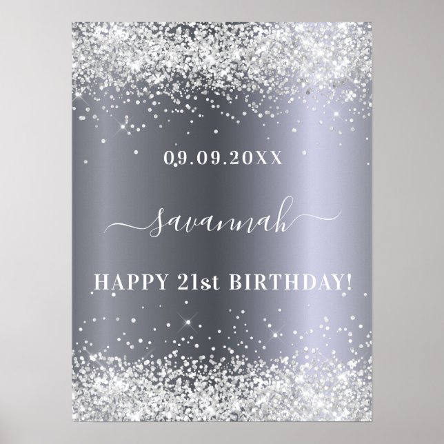Birthday silver glitter name party welcome  poster (Front)