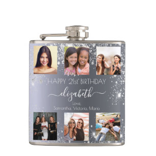 Birthday silver glitter photo collage friends name hip flask