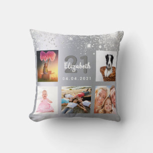 Birthday silver glitter photo collage monogram cushion