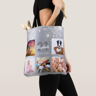 Birthday silver glitter photo collage monogram tote bag