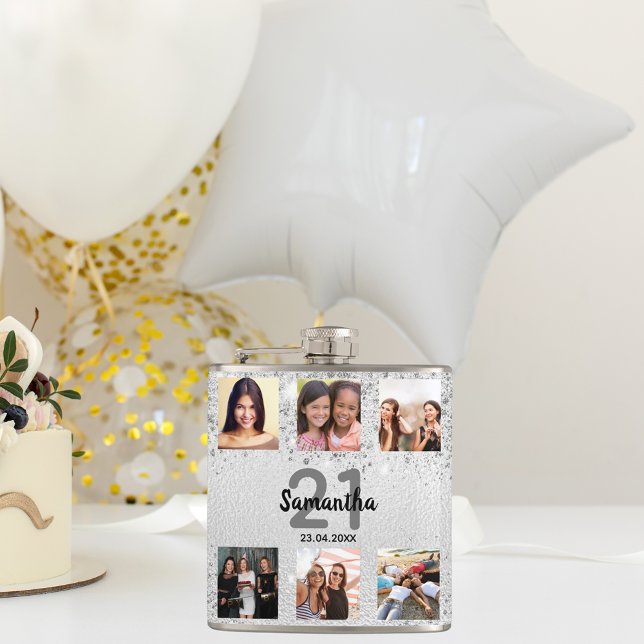 Birthday silver glitter photo name hip flask (Creator Uploaded)