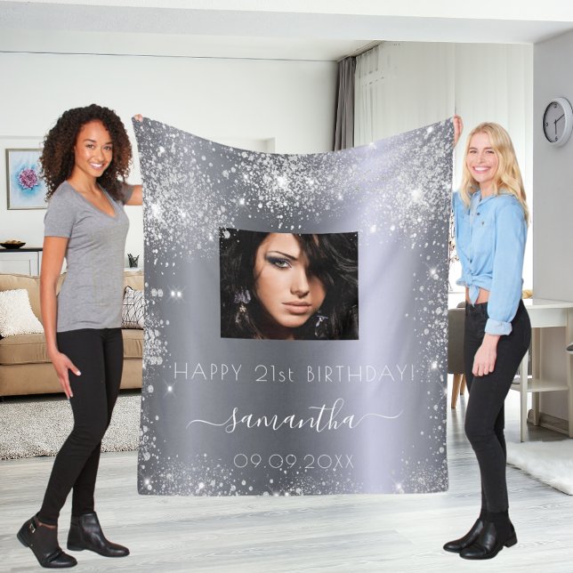 Birthday silver glitter photo name script fleece blanket (Creator Uploaded)