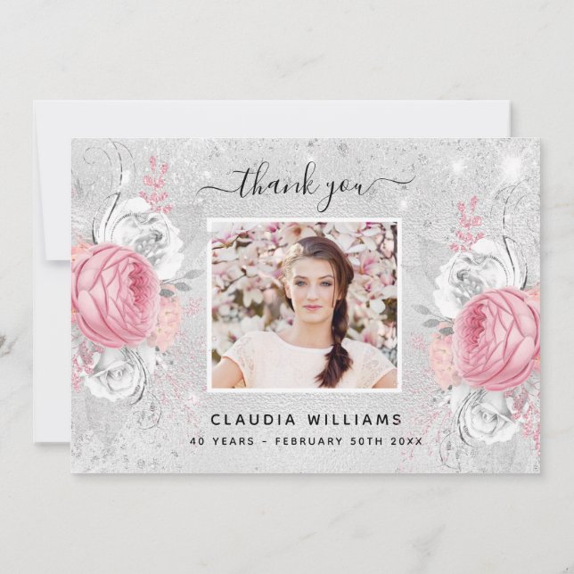 Birthday silver glitter pink floral photo thank you card (Back)