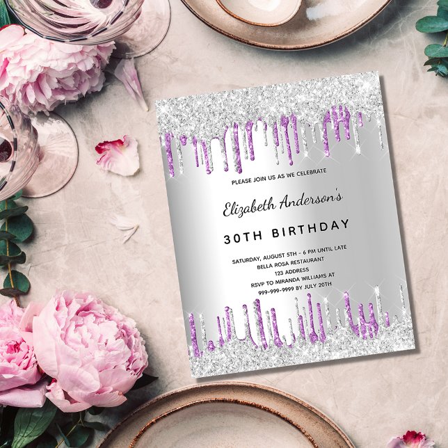 Birthday silver glitter purple budget invitation flyer (Creator Uploaded)