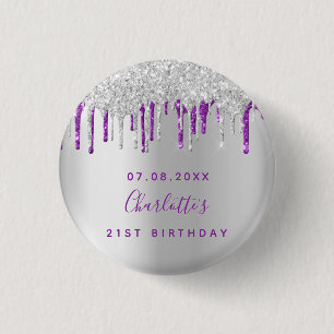 Birthday silver glitter purple custom monogram 3 cm round badge